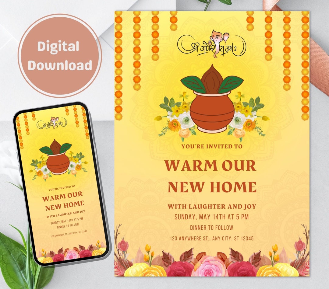 Editable Kalash Housewarming Invitation Party Gruhpravesh Invitation