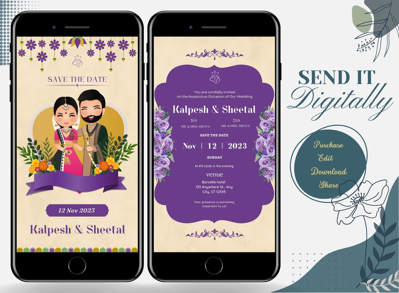 Purple Indian Wedding Invitation Template | Cute Couple Digital Invite ...