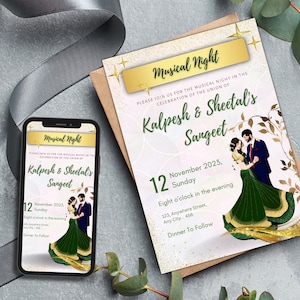 May include: A gold and white invitation card with a pink background and gold glitter. The card features a couple dancing in green and gold outfits. The text on the card reads "Musical Night" and "Kalpesh & Sheetal's Sangeet". The date and time of the event are also listed on the card.