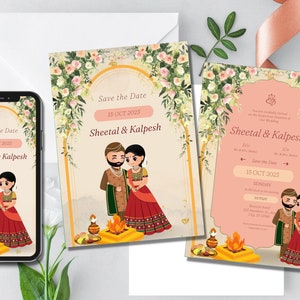 Różowe kwiatowe zaproszenie ślubne | Indyjskie wesele hinduskie Kankotri Save the Date Invitation Mobilna i drukowana karta zaproszeniowa | BohoInvitecard