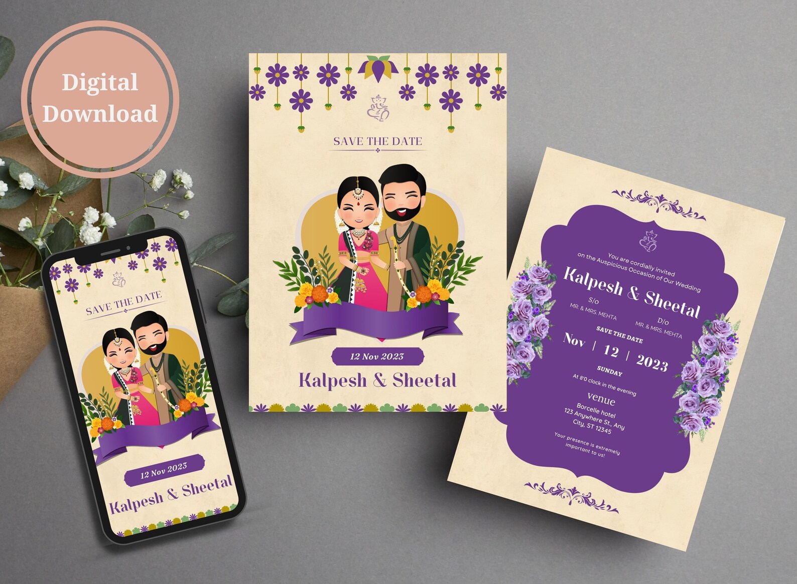 Purple Indian Wedding Invitation Template | Cute Couple Digital Invite ...