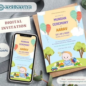 Könnte beinhalten: Eine digitale Einladung zu einer Mundan-Zeremonie, einer traditionellen hinduistischen Zeremonie für den ersten Haarschnitt eines kleinen Jungen. Die Einladung zeigt eine Comic-Illustration eines kleinen Jungen in einem blauen Hemd mit einer Schere in der Hand, umgeben von bunten Luftballons und Spielzeug. Der Text auf der Einladung lautet: „Willkommen zur Mundan-Zeremonie von Aarav 12 | 10 | 2023 Sonntag, 9 Uhr bis 12 Uhr Sie sind herzlich eingeladen von Herrn Kalpesh Mehta und Frau Sheetal Mehta In: 123. New Street, jede Stadt, 123456 Mittagessen: 11 Uhr bis 12 Uhr“