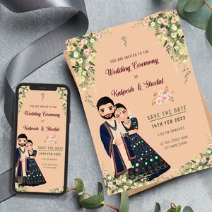 May include: A digital save the date card with a peach background and floral accents. The card features a cartoon couple in traditional Indian attire. The text reads "You are invited to the Wedding Ceremony of Kalpesh & Sheetal Save the Date 14th Feb 2023 5:00 PM onwards At 1234, Street Name City Name 123456"