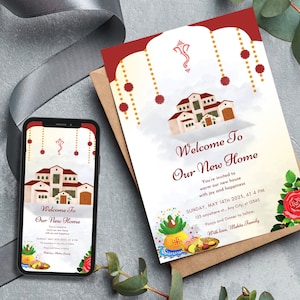 Modelo de design de convite de inauguração Pooja | Convite indiano Ghruh Pravesh Convite digital | Cartão de convite móvel para festa de inauguração