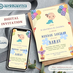 Könnte beinhalten: Eine digitale Einladung zu einer Mundan Sanskar-Zeremonie. Die Einladung zeigt einen Cartoon-Babyjungen mit einer Schere, bunten Luftballons und einem Koala und einem Bären, die Partyhüte tragen. Der Text lautet "Schließen Sie sich uns an Mr. Kalpesh Mehta & Mrs. Sheetal Mehta, um MUNDAN SANSKAR unseres Sohnes AARAV zu feiern 10. Dezember 2023 | Sonntag Zeremoniezeit: 9:00 - 12:00 Uhr Mittagessen: 11:00 - 12:00 Uhr Veranstaltungsort: 123, Main Street, Somewhere City, State, 123456 Entworfen von AASHAANYA - aashkaanya@gmail.com Shop: aashkaanya.etsy.com Kontakt: aashkaanya@gmail.com"