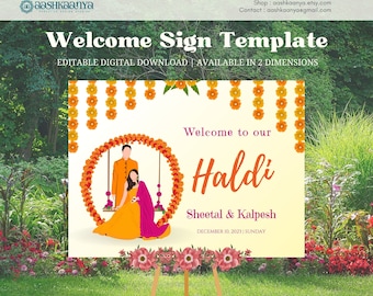 Haldi Welcome Sign | Wedding Welcome Sign Template | Indian Haldi Wedding Welcome Sign Instant download | Canva Haldi Welcome Editable Sign.