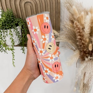 Retro Floral Prints Tumbler with Straw Smiley Face Insulated Travel Mug Groovy Daisy Customized water bottle with Straw