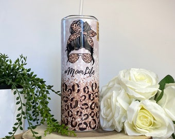 Leopard Print Messy Bun Insulated Tumbler with Straw, Mom Life Reusable Coffee Travel Mug for Mother's Day Gift