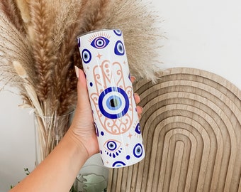 Blue Evil Eye Insulated tumbler with straw, Reusable Coffee and Water Travel Mug, Evil Eye Protection Personalized Tumbler