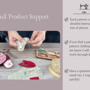 May include: A close-up of someone's hands sewing felt pieces together. The felt pieces are shaped like birds and feature various colours and patterns. The image also shows a sewing kit with needles, thread, and other supplies.