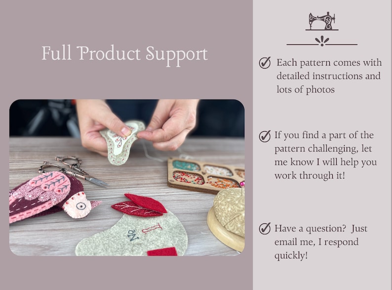 May include: A close-up of someone's hands sewing felt pieces together. The felt pieces are shaped like birds and feature various colours and patterns. The image also shows a sewing kit with needles, thread, and other supplies.