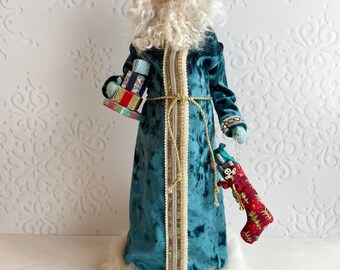 Handmade Santa Doll / One of a Kind Father Christmas Decor Teal Cloak