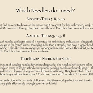 Puede incluir: Una gu&iacute;a para agujas de bordado, con descripciones de los diferentes tama&ntilde;os de agujas y sus usos. El texto incluye "Assorted Thins 7, 8, 9, 10", "Assorted Thicks 3, 4, 5, 6" y "Tulip Beading Needles #10 Short".