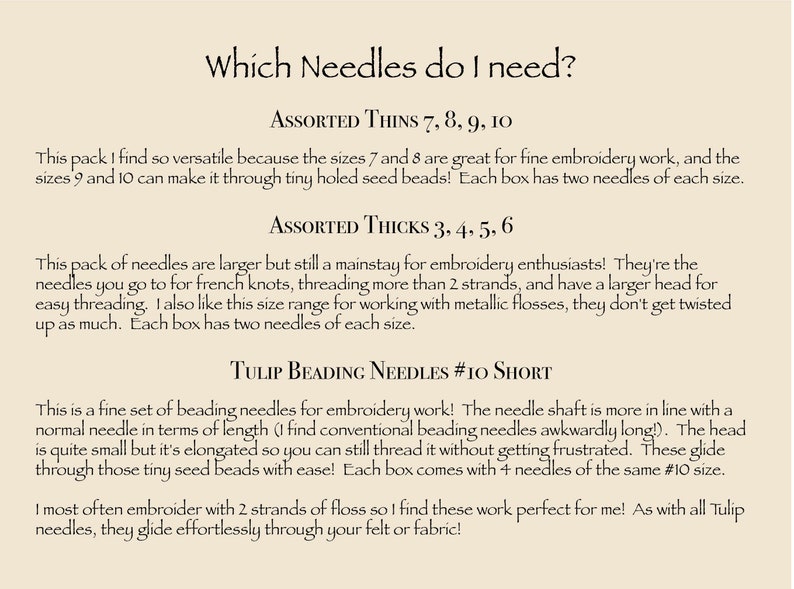 Puede incluir: Una gu&iacute;a para agujas de bordado, con descripciones de los diferentes tama&ntilde;os de agujas y sus usos. El texto incluye "Assorted Thins 7, 8, 9, 10", "Assorted Thicks 3, 4, 5, 6" y "Tulip Beading Needles #10 Short".