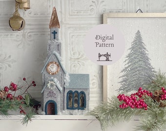 Un village de Dickens : l'église, modèle PDF / Village de Noël en feutre / Présentoir de village de Noël
