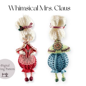 Könnte beinhalten: Digitaler Nähschneider für einen Weihnachtsbaumschmuck aus Filz, genannt "Whimsical Mrs. Claus". Der Schmuck zeigt weißes Garnhaar, ein rotes Kleid und ein Buch. Die Rückseite des Schmucks zeigt eine grüne Filzkappe mit einem Perlenmuster.