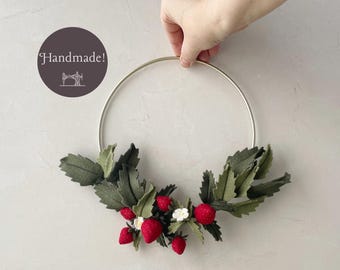 Decorative Handmade 8 Inch or 10 Inch Hoop Wreath of Felt Strawberries for Spring and Summer Decor