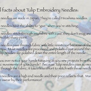 Puede incluir: Un primer plano de un documento de texto con fondo blanco y texto negro. El texto dice "Cool facts about Tulip Embroidery Needles:" seguido de una lista de vi&ntilde;etas que describen las caracter&iacute;sticas de las agujas de bordado Tulip. El texto menciona que las agujas Tulip se fabrican en Jap&oacute;n y se llaman agujas Hiroshima. El texto tambi&eacute;n menciona que las agujas Tulip son conocidas por su nitidez, suavidad y facilidad de uso.