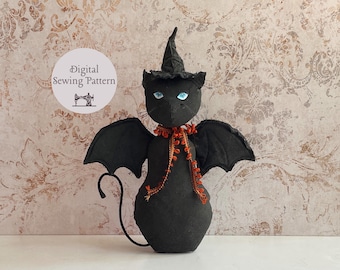Halloween Bat Cat Pattern The Witch's Apprentice / Primitive Folk Art Sewing Pattern / Halloween Decor / Halloween Craft