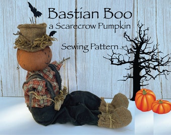 Halloween Decor Sewing Pattern BASTIAN BOO / Pumpkin Scarecrow Tutorial / Cottagecore Primitive Folk Art Doll PDF E-pattern