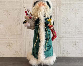 Handmade Santa with Crushed Green Velvet Robe, a One of a Kind Father Christmas Figure