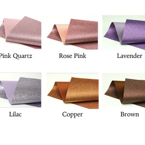 Op de afbeelding: Zes voorbeelden van glitterstof in verschillende kleuren: roze kwarts, roze, lavendel, lila, koper en bruin.