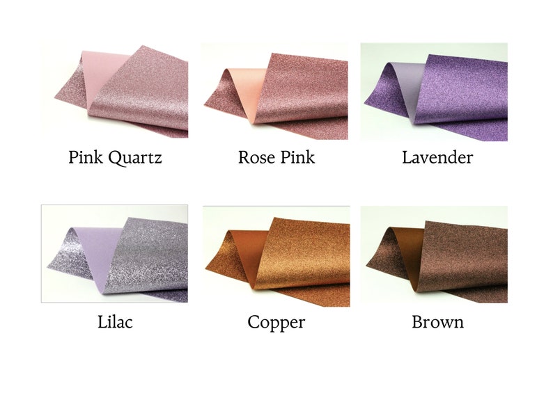 Op de afbeelding: Zes voorbeelden van glitterstof in verschillende kleuren: roze kwarts, roze, lavendel, lila, koper en bruin.