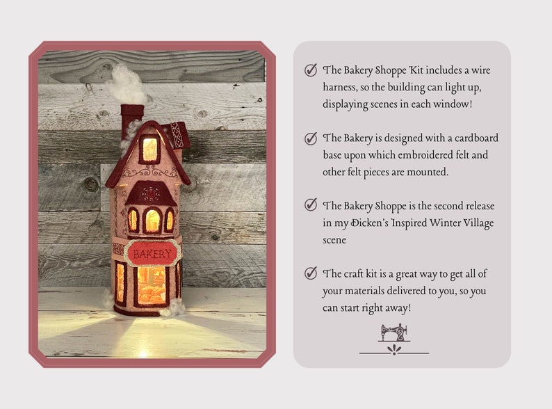 May include: A felt craft kit for a light-up bakery building. The kit includes a cardboard base, embroidered felt pieces, and a wire harness for lighting. The building is decorated with a red roof, white trim, and a sign that reads "BAKERY".