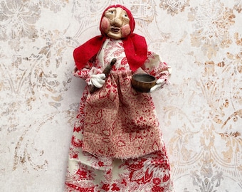 Handmade Kitchen Witch Hanging Doll for Home Decor, Handmade Clay Head Figure