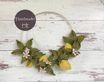 Decorative Handmade 10" Hoop Wreath of Felt Meyer Lemons, Blossoms and Leaves for Spring and Summer Decor, a Felt Floral Wreath