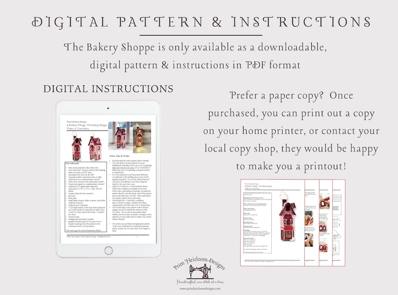 May include: Digital pattern and instructions for a miniature bakery shoppe, a printable PDF download. The image shows a colour illustration of the shoppe and a page of instructions. The text reads "The Bakery Shoppe is only available as a downloadable, digital pattern & instructions in PDF format."