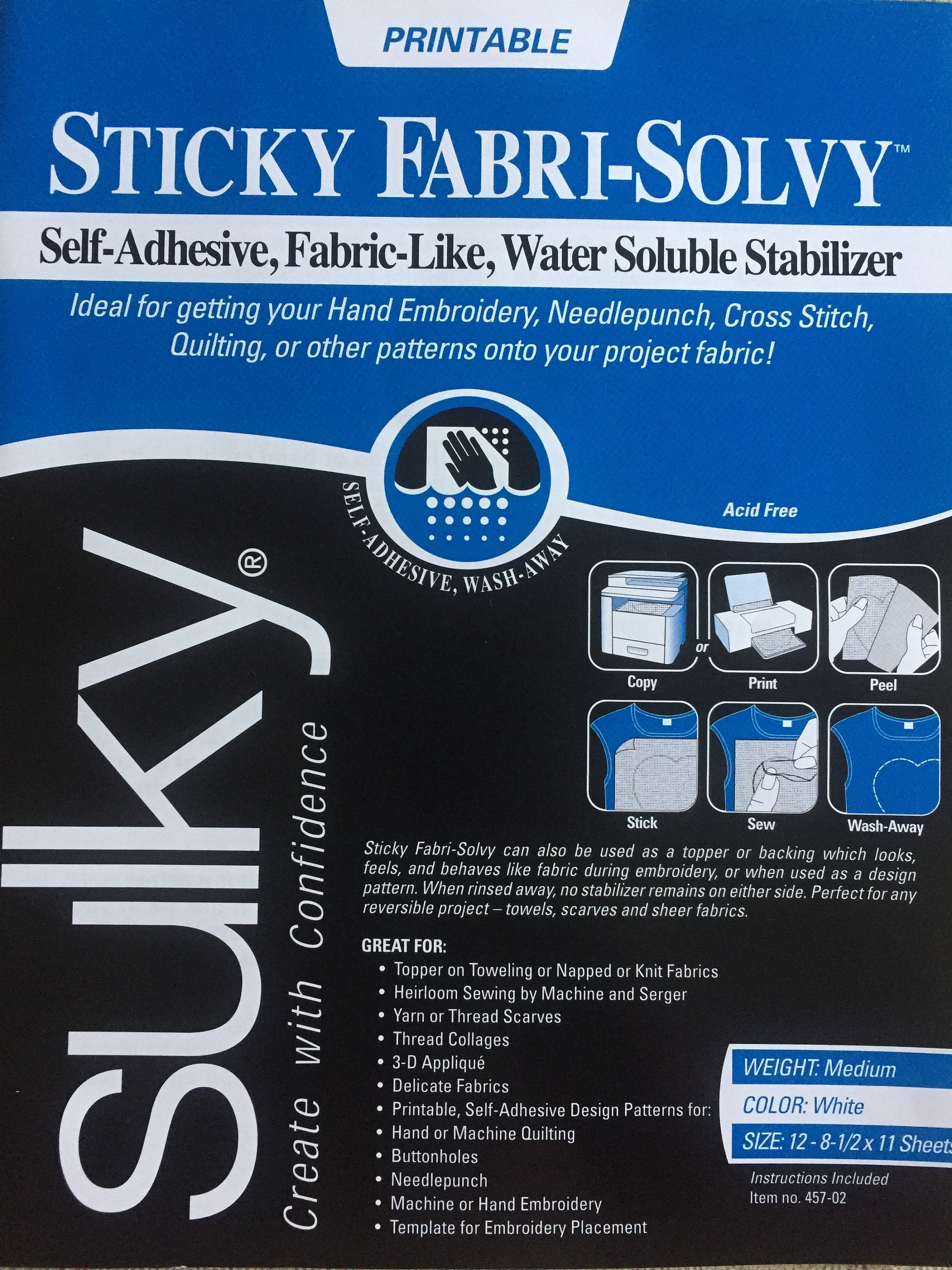 Sticky Fabri-solvy / Sulky Solvy / Stick N Stitch / Sulky Fabri Solvy /  Printable Water Soluble Stabilizer / Sticky Solvy 