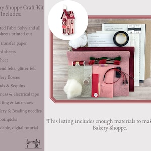 May include: A craft kit for making a miniature bakery shoppe. The kit includes pre-printed fabric, felt, embroidery floss, beads, wire, stuffing, needles, pins, and a digital tutorial. "The Bakery Shoppe Craft Kit Includes:"
