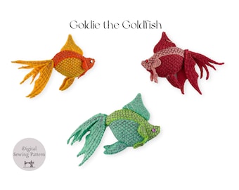 May include: A digital sewing pattern for making a Goldie the Goldfish plush toy. The pattern includes three different color variations: orange, red, and green.