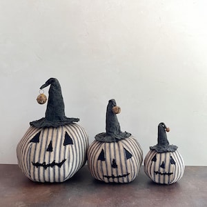 Handmade Halloween Primitive Pumpkin Jack-o-Lanterns Seasonal Decor One of Each Size trio Jack-o-Lanterns Trio
