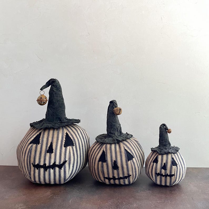 Handmade Halloween Primitive Pumpkin Jack-o-Lanterns Seasonal Decor One of Each Size trio Jack-o-Lanterns Trio