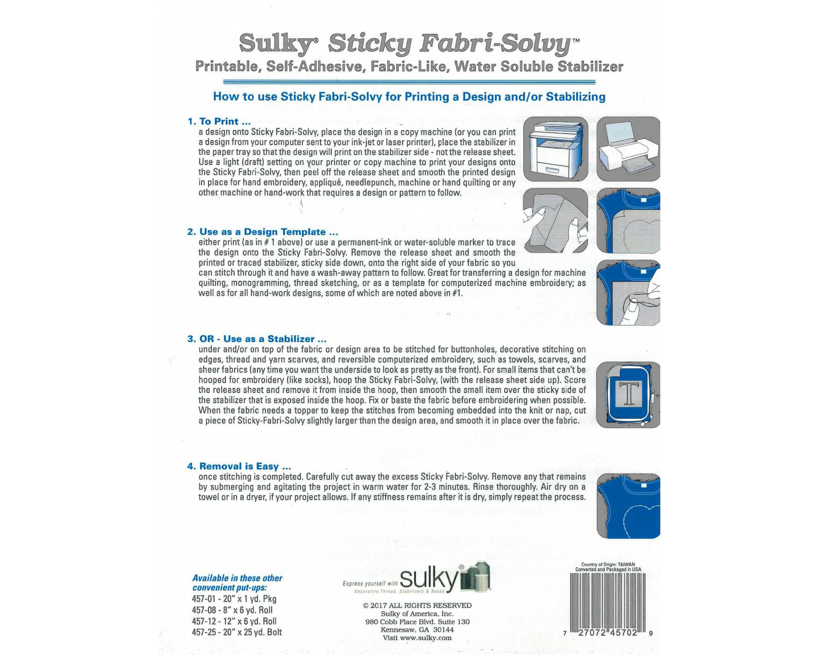 Sticky Fabri-solvy / Sulky Solvy / Stick N Stitch / Sulky Fabri Solvy /  Printable Water Soluble Stabilizer / Sticky Solvy 
