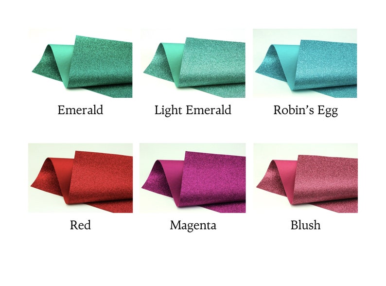 Op de afbeelding: Zes voorbeelden van glitterpapier in verschillende kleuren: smaragdgroen, licht smaragdgroen, robijn-eiblauw, rood, magenta en blush.