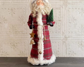 Handmade Santa with Red Plaid Robe, a One of a Kind Father Christmas Figure