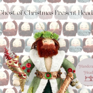 May include: A handmade felt ornament depicting the Ghost of Christmas Present from Charles Dickens' A Christmas Carol. The ornament is green and white with a red beard and a gold and red staff. The ornament is surrounded by a repeating pattern of smaller felt heads.