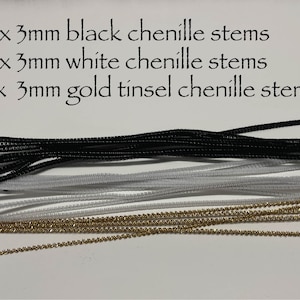 May include: A selection of craft chenille stems in black, white, and gold. The image displays 10 black and 10 white stems, each 3mm thick, and 5 gold tinsel stems, also 3mm thick. Text on the image details the quantity and size of the stems.
