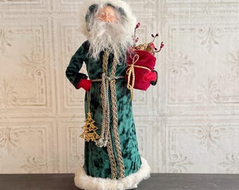 Handmade Santa with Green Velvet Robe, a One of a Kind Father Christmas Figure
