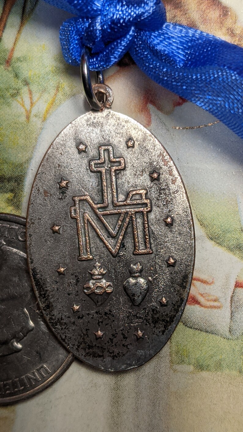 Vintage Rustic Old Virgin Mary Religious Miraculous Medal Pendant Heavier Weight