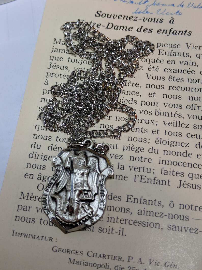 Vintage St Saint Michael Archangel Angel Sterling Silver Signed Creed Heavy Shield Religious Medal Pendant Necklace Long Steel Chain