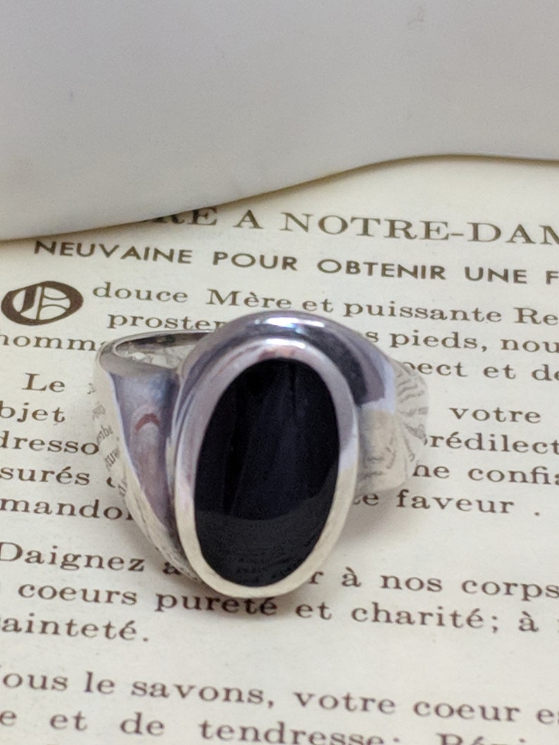 Vintage Artist Signed Sterling Silver Black Onyx Statement Solitaire Ring Southwestern Gothic Boho