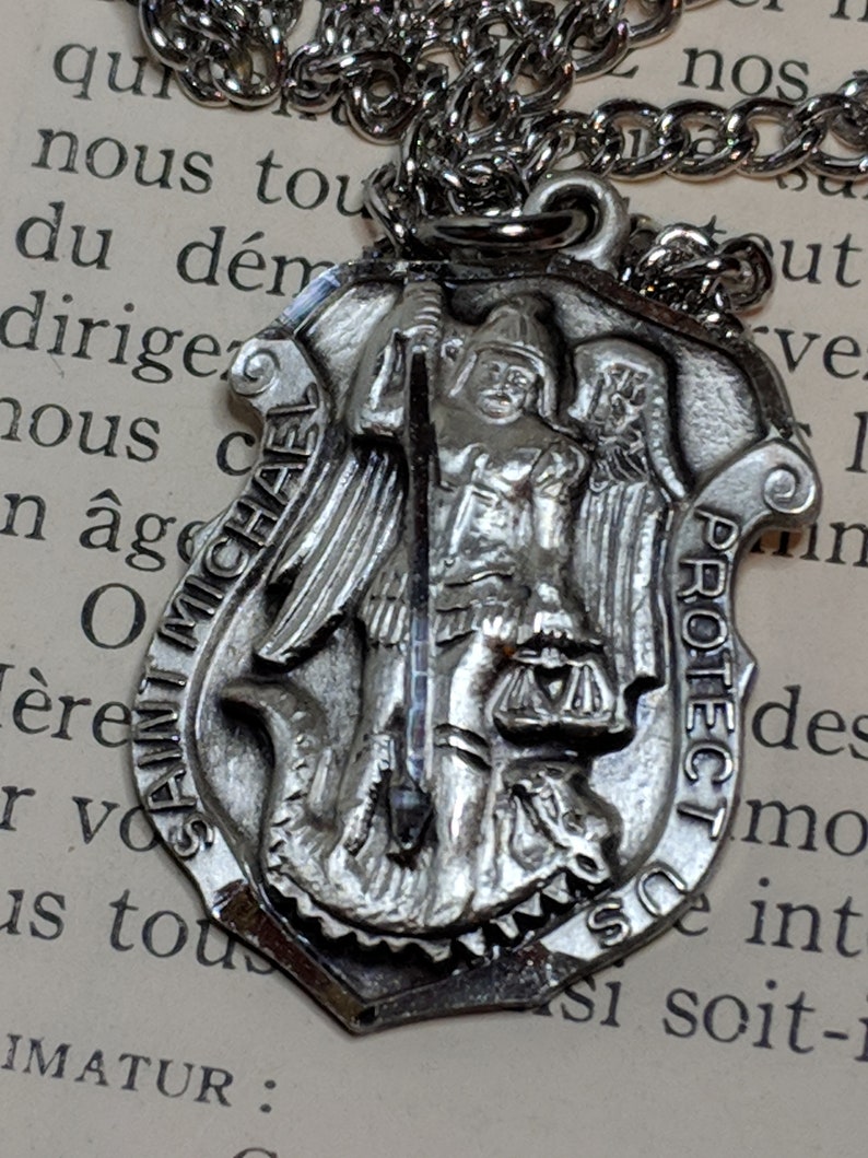 Vintage St Saint Michael Archangel Angel Sterling Silver Signed Creed Heavy Shield Religious Medal Pendant Necklace Long Steel Chain