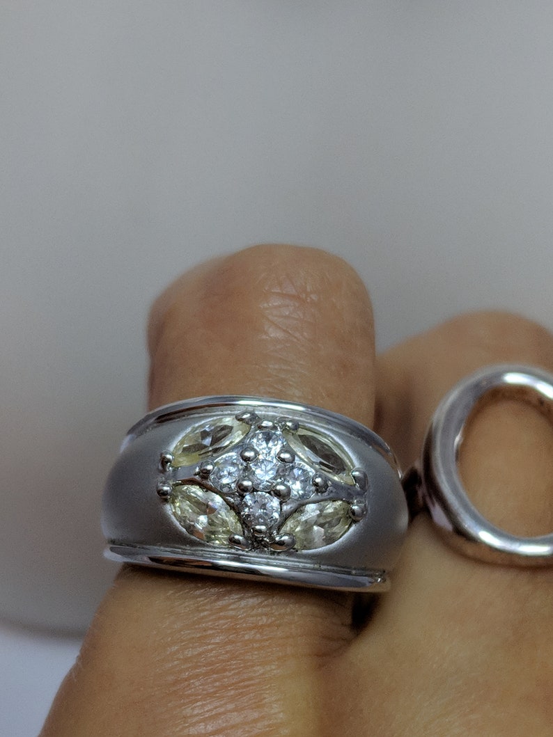 Vintage Canary Light Yellow Clear CZ Faux Diamond Wide Cigar Band Satin Finish Cocktail Dinner Ring Size 6