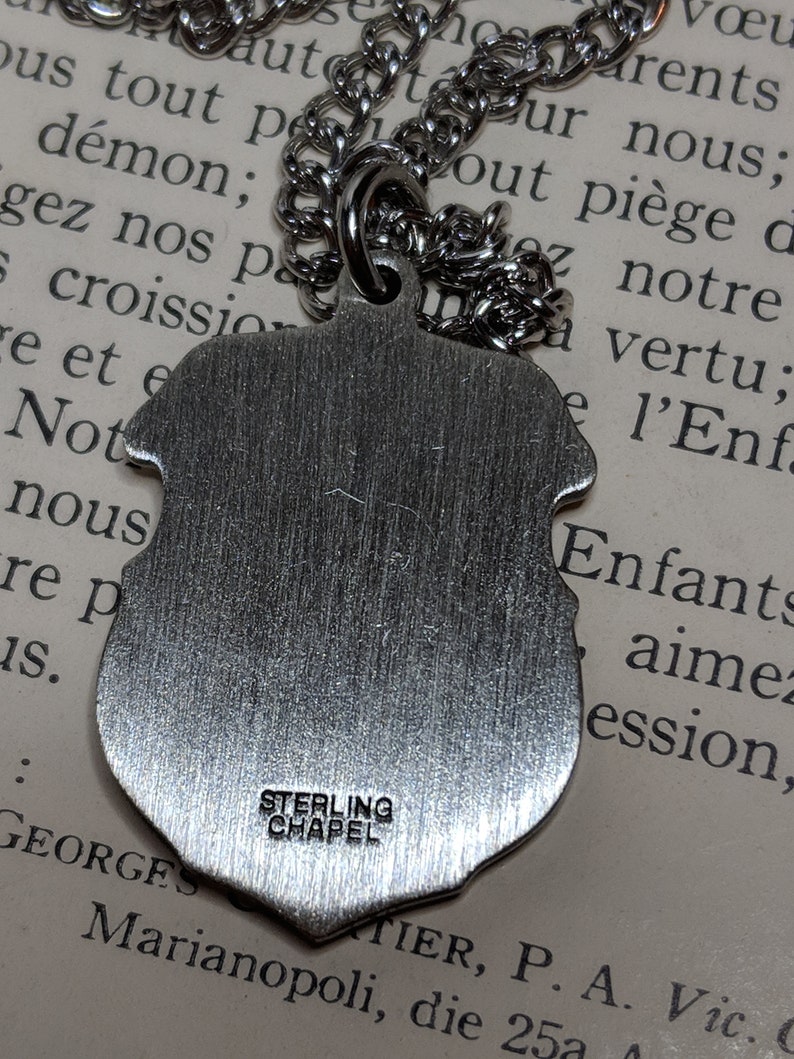 Vintage St Saint Michael Archangel Angel Sterling Silver Signed Creed Heavy Shield Religious Medal Pendant Necklace Long Steel Chain