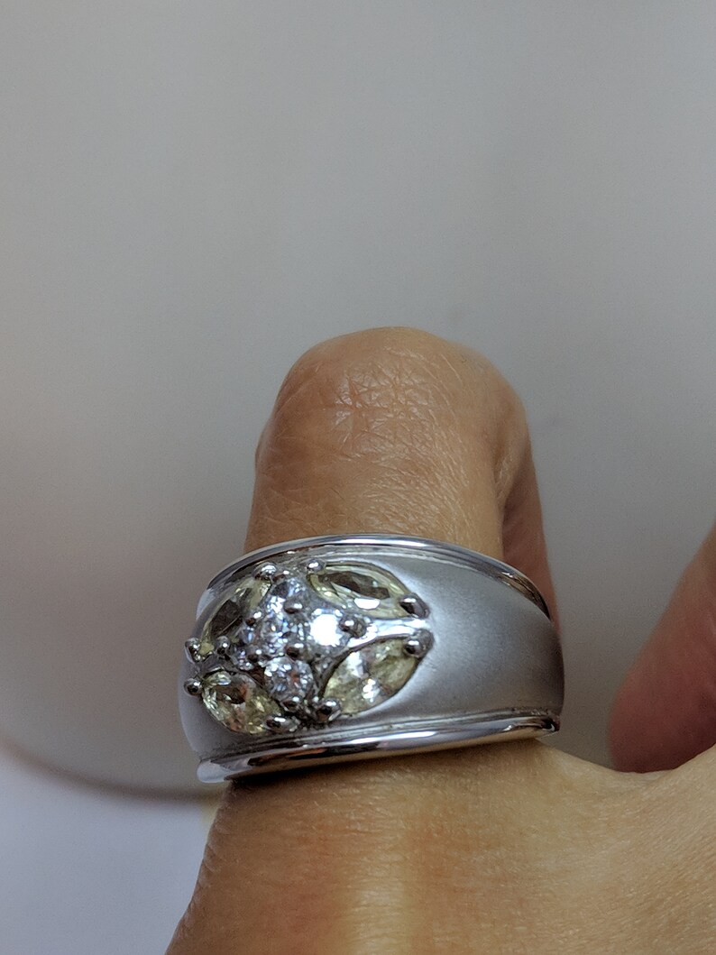 Vintage Canary Light Yellow Clear CZ Faux Diamond Wide Cigar Band Satin Finish Cocktail Dinner Ring Size 6