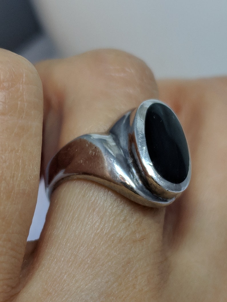 Vintage Artist Signed Sterling Silver Black Onyx Statement Solitaire Ring Southwestern Gothic Boho